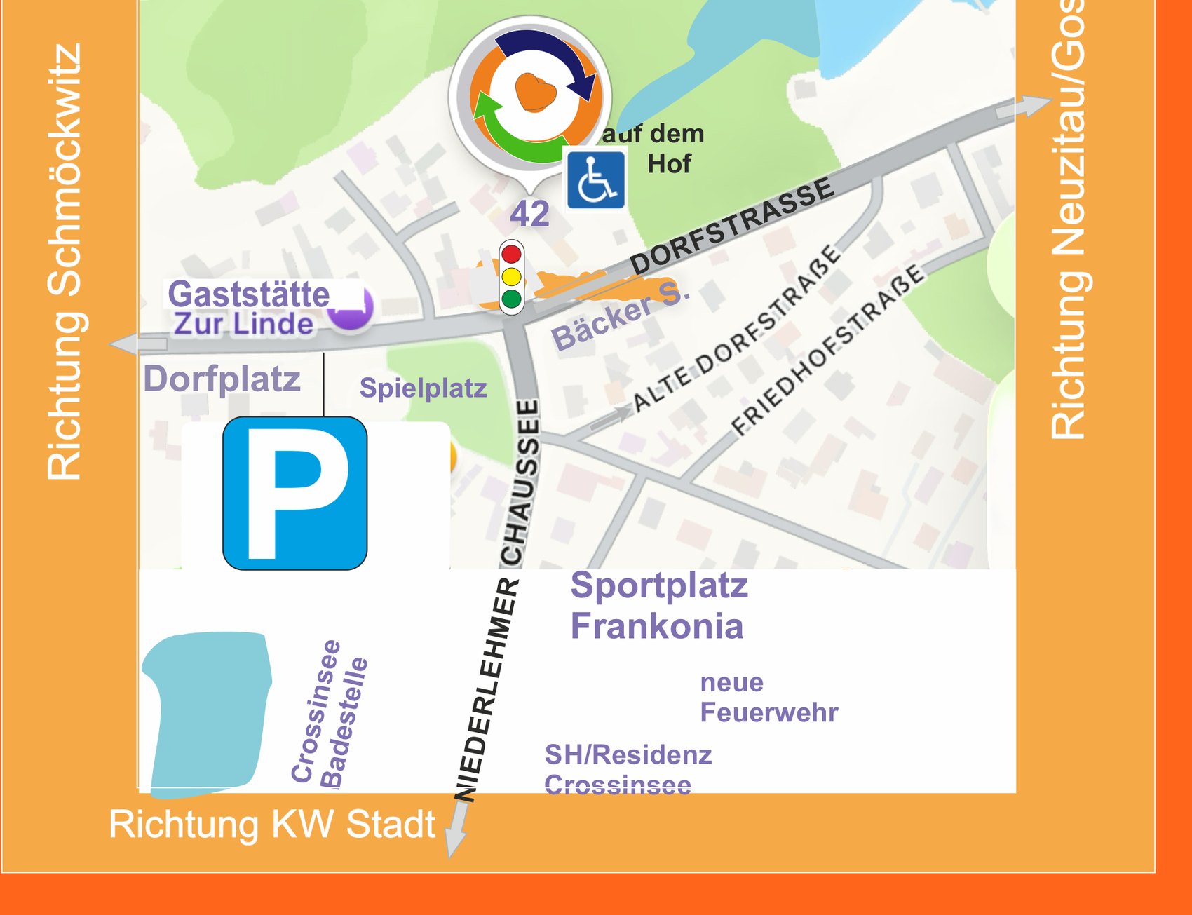 Lageplan Wernsdorf: Dorfstraße 42 an der Ampel, Gaststätte Zur Linde und Dorfplatz Richtung Schmöckwitz, Bäcker an der Dorfstraße, Sportplatz Frankonia und Feuerwehr Richtung Königs Wusterhausen
