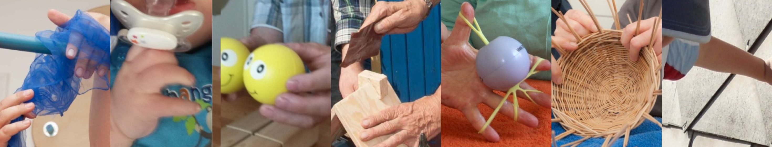 Sieben Einblicke in die Therapie: Handübungen, Frühförderung, Greifen, Holzarbeit, Fingerbeweglichkeit, Korbflechten und Bewegung